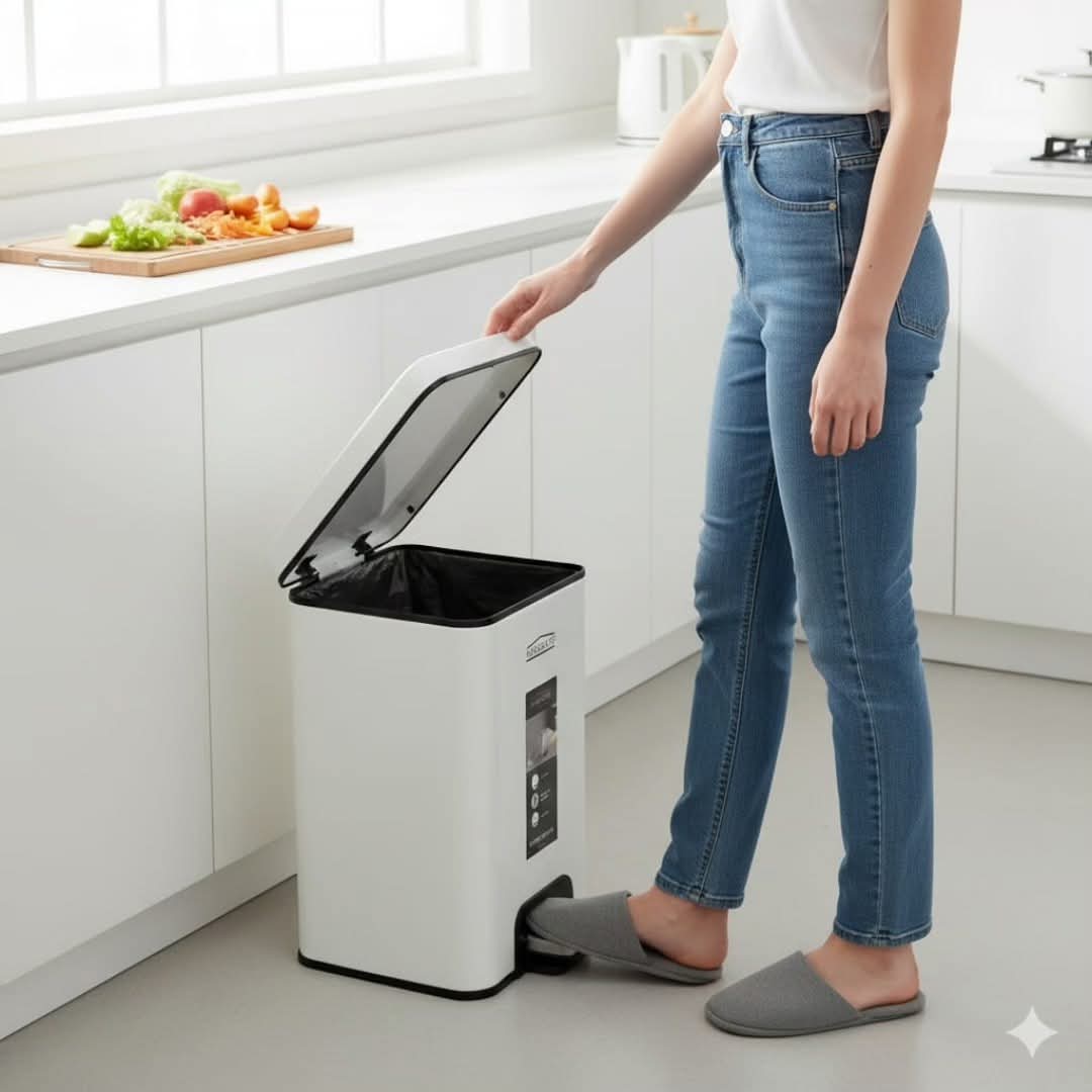 Stainless Steel Hydraulic Pedal Dustbin – White (8 Liter)
