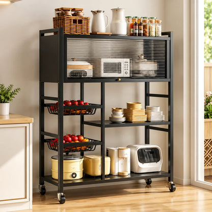 Multi-Functional Kitchen Storage Rack & Organizer Cart with Fluted Glass Cabinet