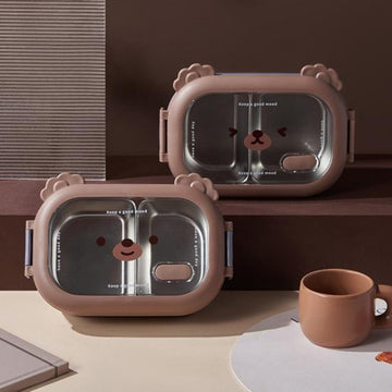 Stainless Steel Children Bento Lunch Box, Bear Cartoon Lunch Box Container Double Sided Lock Design
