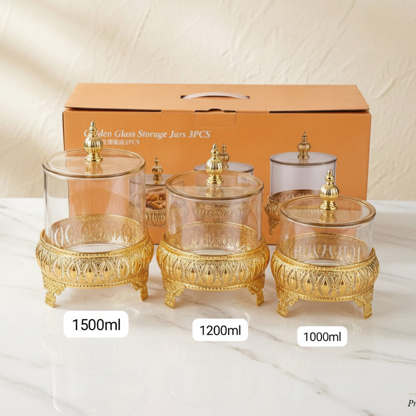 Premium Glass & Gold Storage Jar Set with Base Stand – 3 Pieces