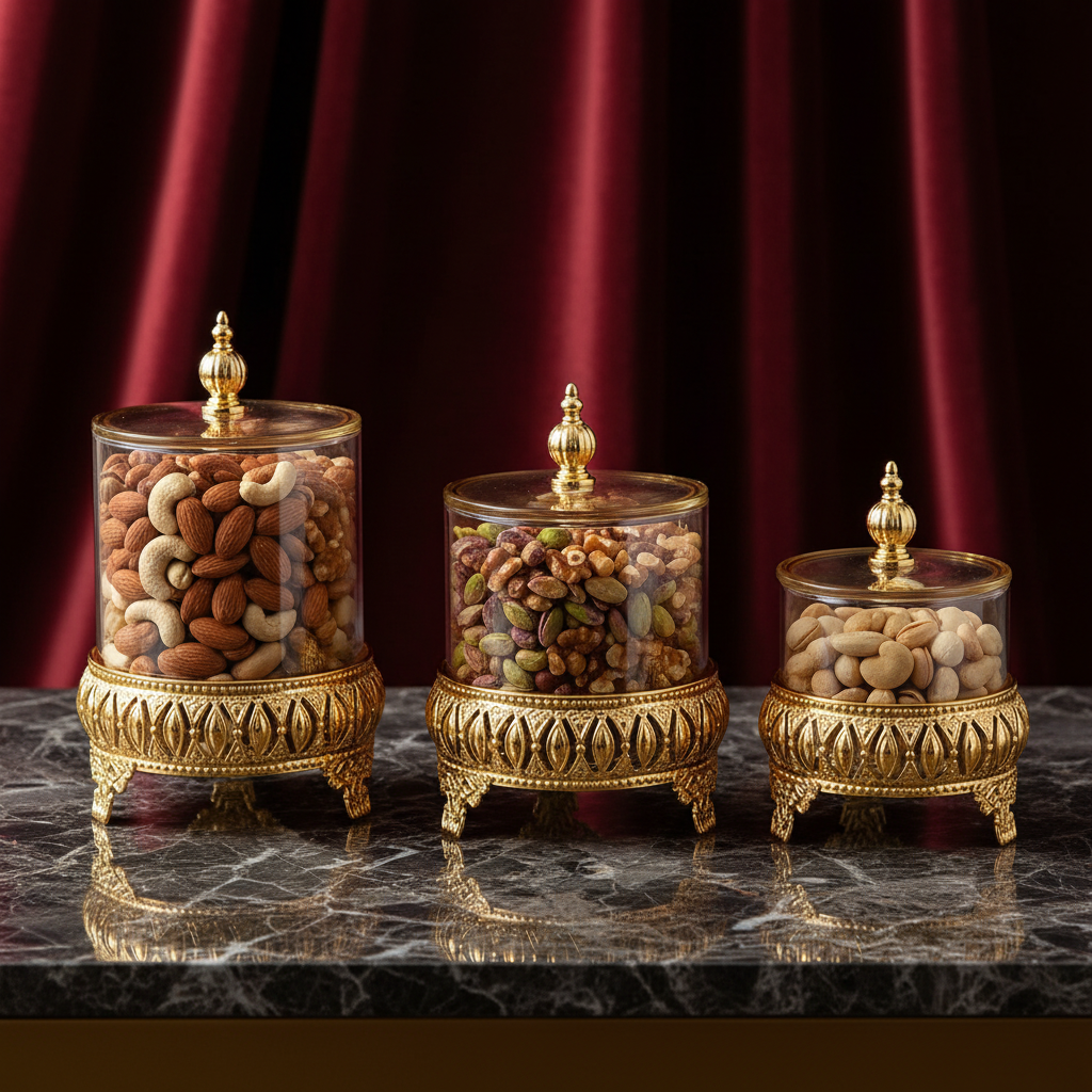 Premium Glass & Gold Storage Jar Set with Base Stand – 3 Pieces