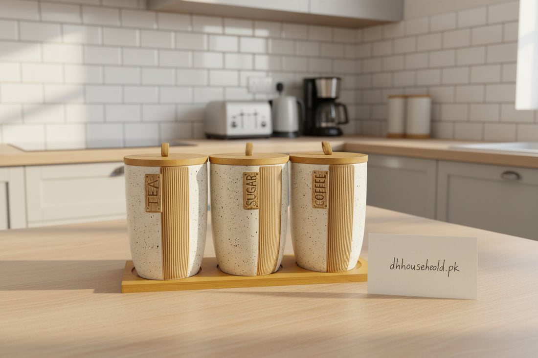 Ceramic Tea Coffee Sugar Canister Set with Wooden Lids - My Store