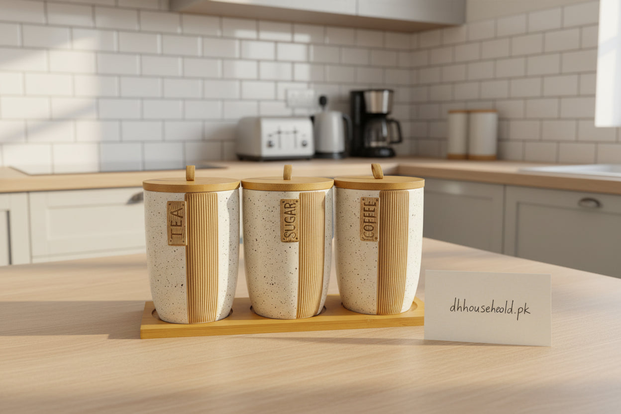 Ceramic Tea Coffee Sugar Canister Set with Wooden Lids - My Store