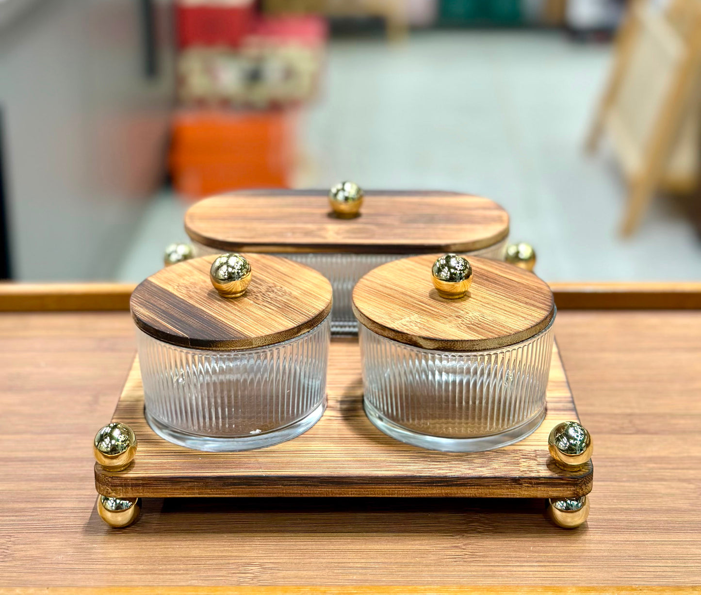Luxury Fluted Glass Spice & Condiment Jar Set with Wooden Tray & Gold Accents
