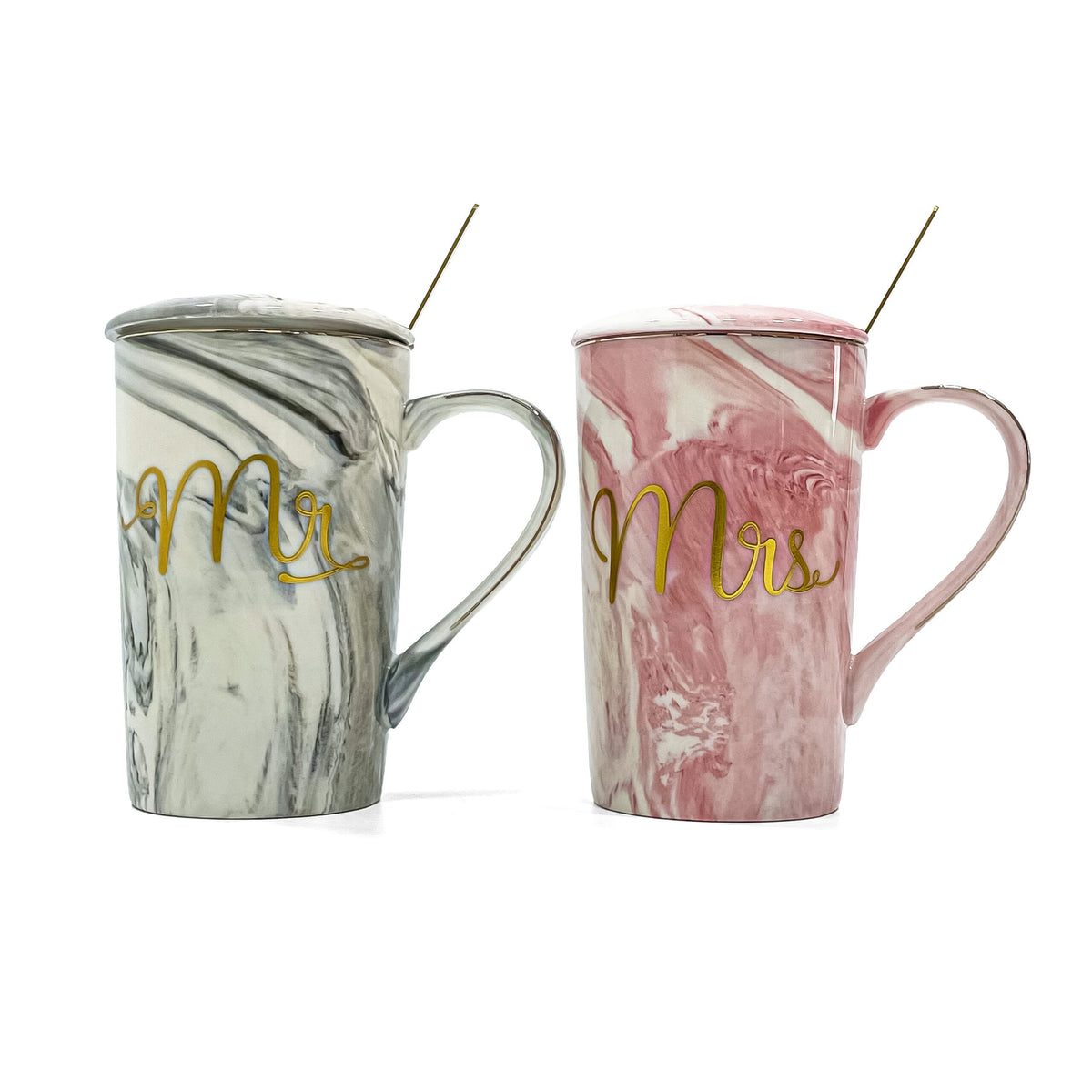 2-Piece Mr. & Mrs. Marble Ceramic Coffee Mug Set with Lids & Gold Spoons