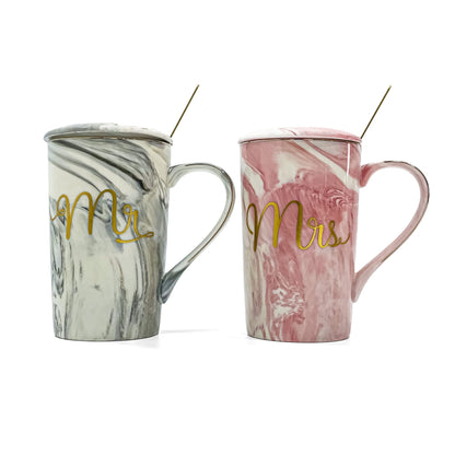 2-Piece Mr. & Mrs. Marble Ceramic Coffee Mug Set with Lids & Gold Spoons