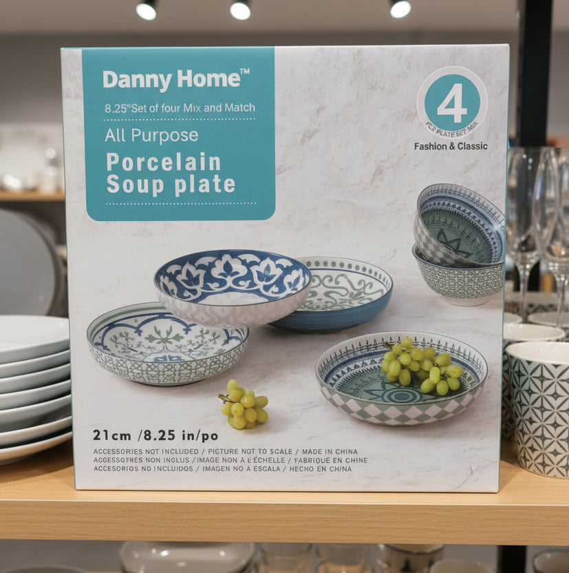 Danny Home™ 4-Piece All-Purpose Porcelain Soup Bowl Set (21cm / 8.25") – Mix & Match Patterns