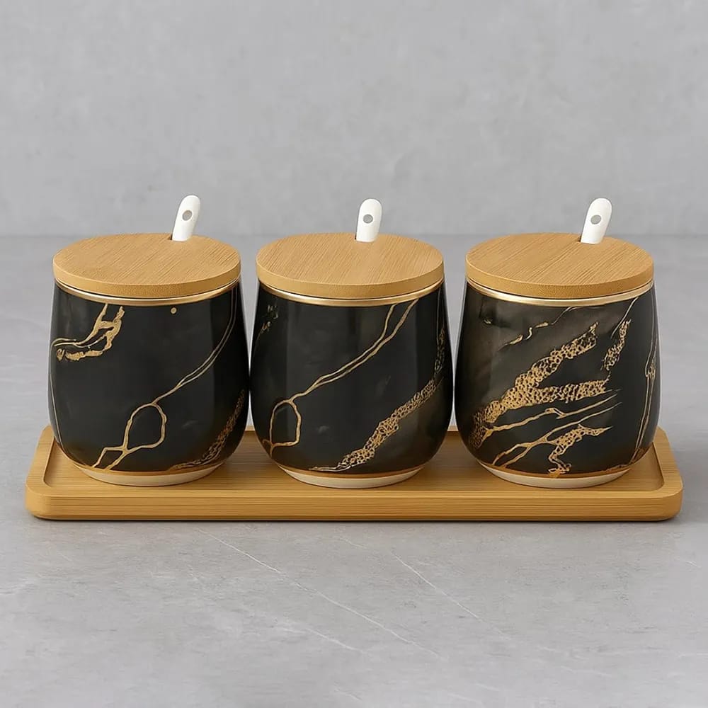 Premium Grey Aurora Marble Ceramic Condiment Jar Set – 3 Pieces (350ml Each)