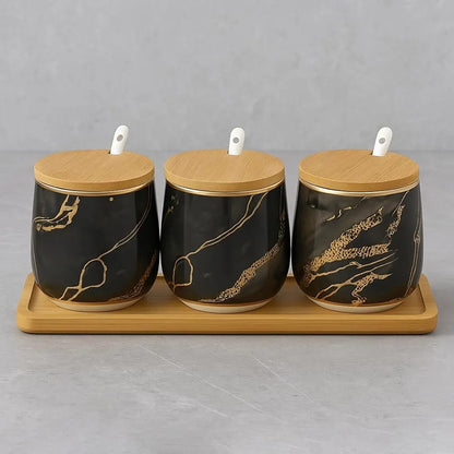 Premium Grey Aurora Marble Ceramic Condiment Jar Set – 3 Pieces (350ml Each)