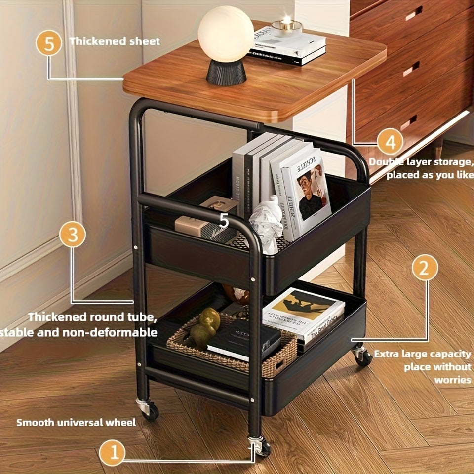 3-Tier Rolling Utility Cart with MDF Wooden Top & Mesh Storage Baskets