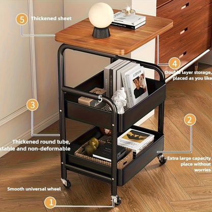 3-Tier Rolling Utility Cart with MDF Wooden Top & Mesh Storage Baskets
