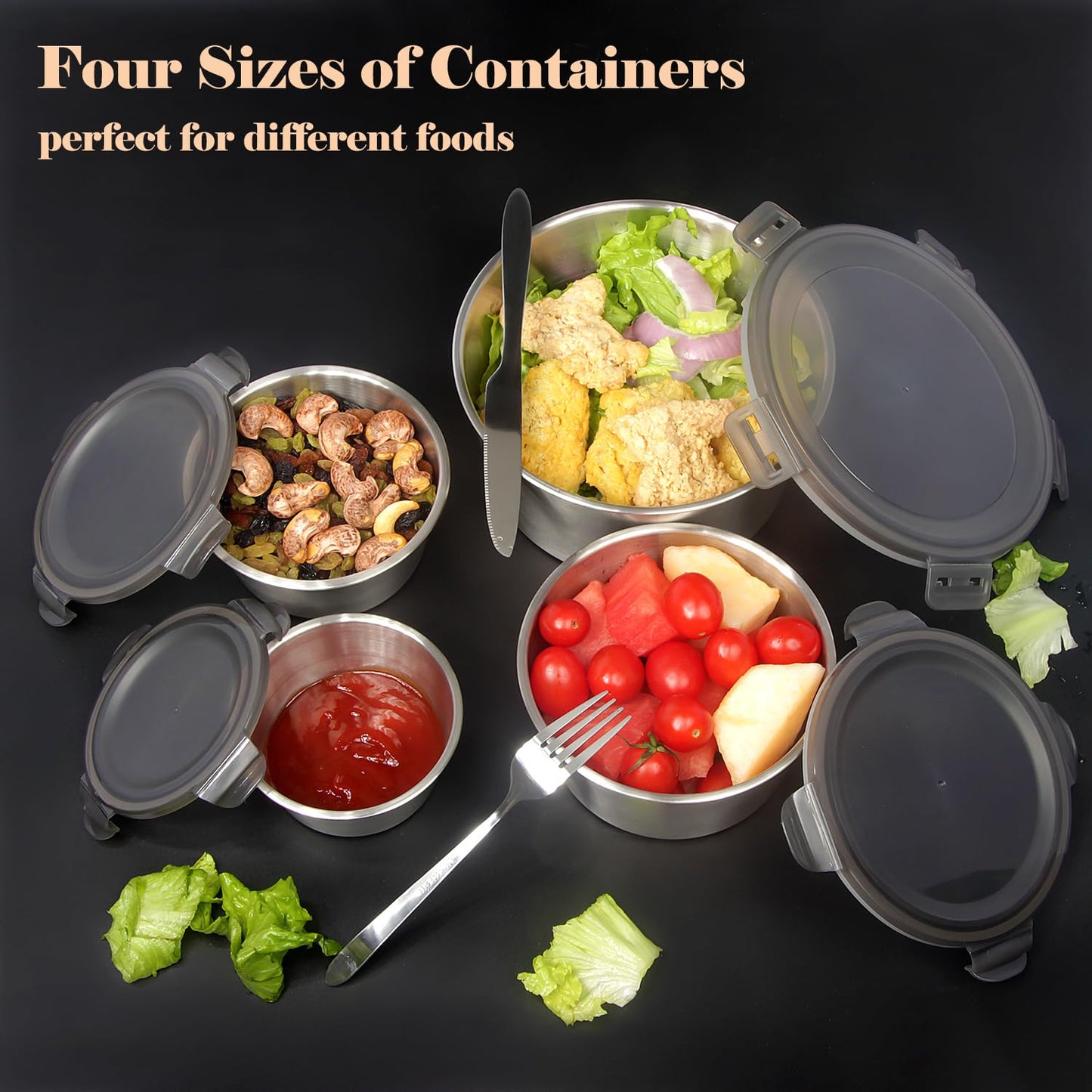 4 pcs  Airtight Stainless Steel Food Container & Storage Bowl Set with Lock Lids