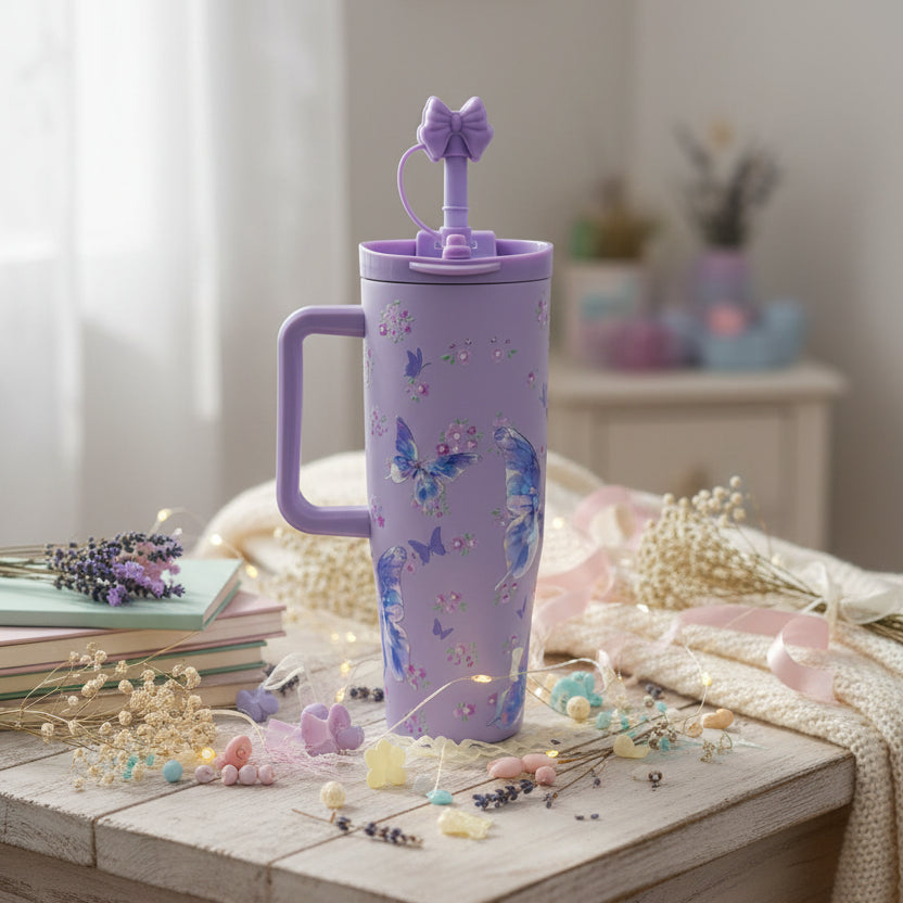 Sitarayuri™ Premium Lavender Butterfly Stainless Steel Travel Tumbler with Handle & Bow Straw