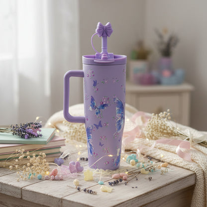 Sitarayuri™ Premium Lavender Butterfly Stainless Steel Travel Tumbler with Handle & Bow Straw