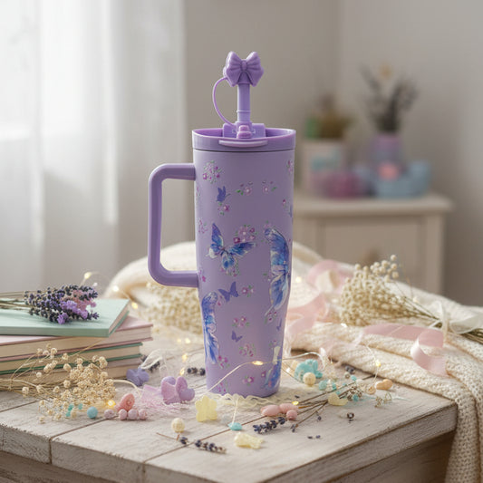 Sitarayuri™ Premium Lavender Butterfly Stainless Steel Travel Tumbler with Handle & Bow Straw