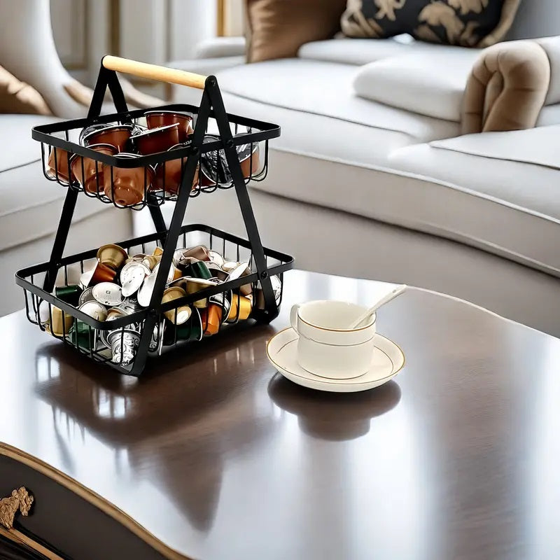 2-Tier Metal Fruit Basket with Wooden Handle - My Store