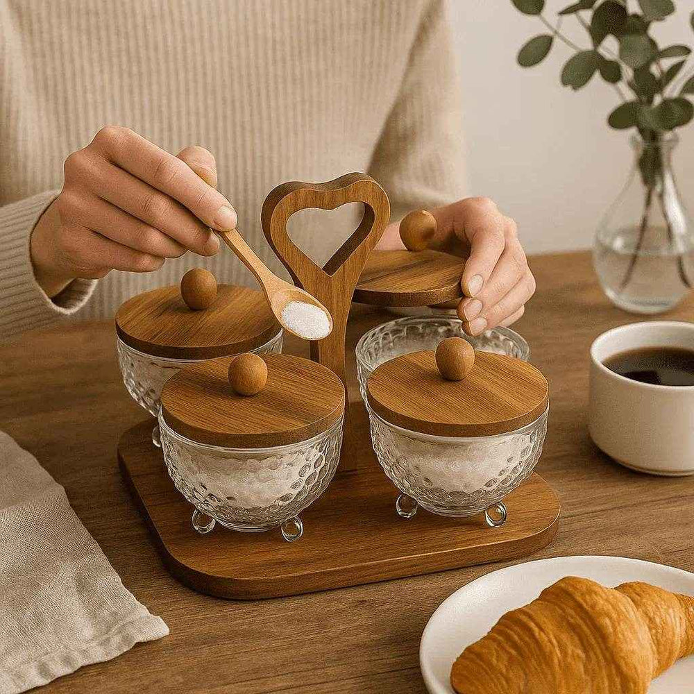 Crystal Glass Condiment Jar Set with Wooden Heart Caddy (4-Piece)
