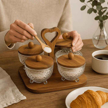 Crystal Glass Condiment Jar Set with Wooden Heart Caddy (4-Piece)