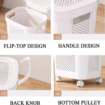 White & Grey Slim Laundry Hamper 60L Capacity Clothes Basket with Lid for Wardrobe Storage