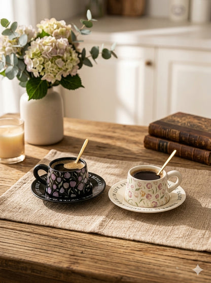 French Vintage Floral Tulip Ceramic Coffee Cup & Saucer Set – 230ml