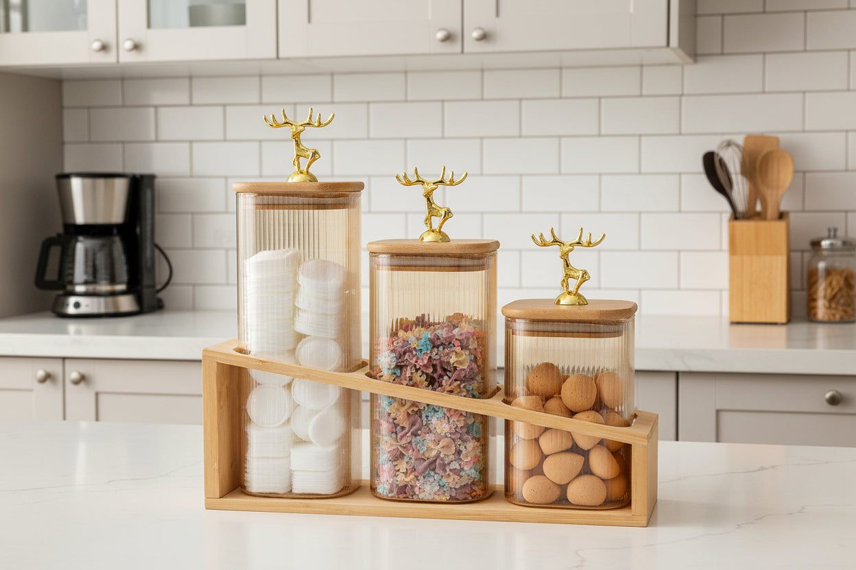 Luxury Deer Lid Storage Jar Set (3 Pcs with Wooden Stand) - My Store