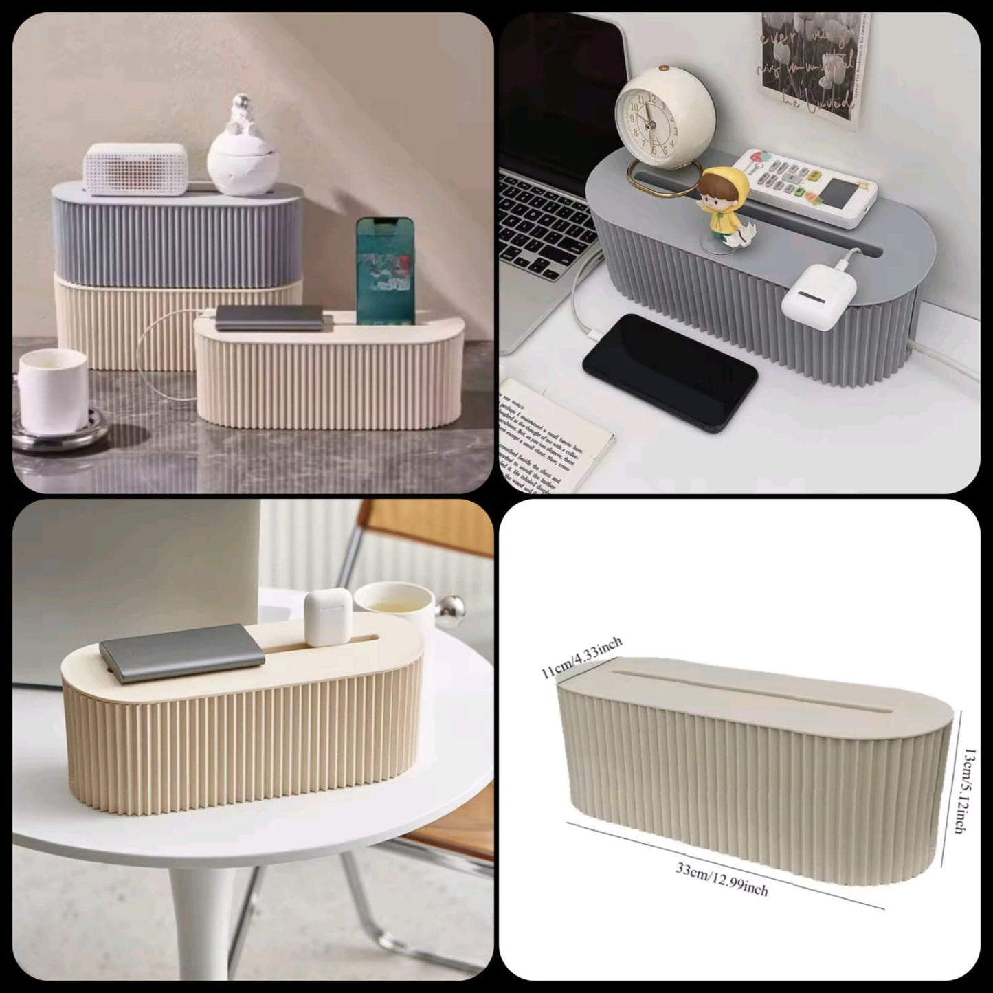 Modern Fluted Cable Management Box & Desk Organizer with Phone Holder