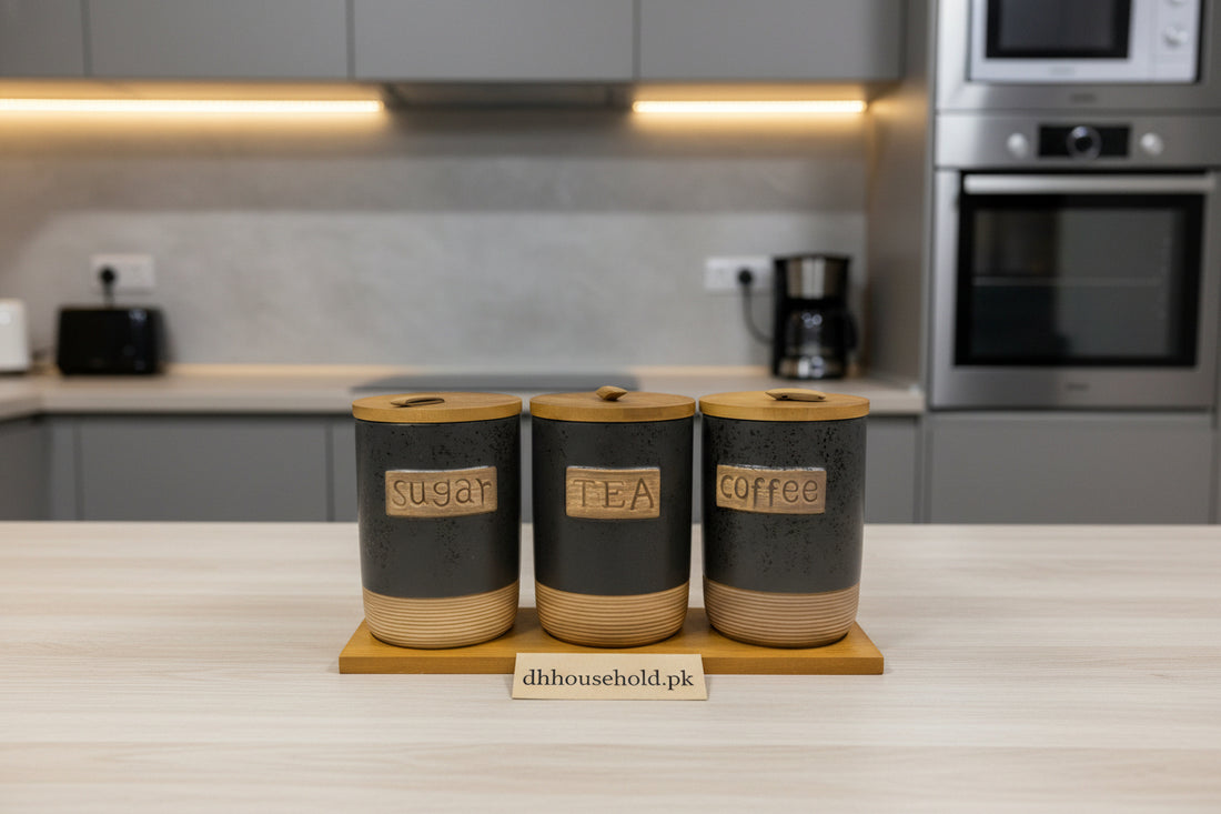 Ceramic Tea Coffee Sugar Canister Set with Wooden Lids - My Store