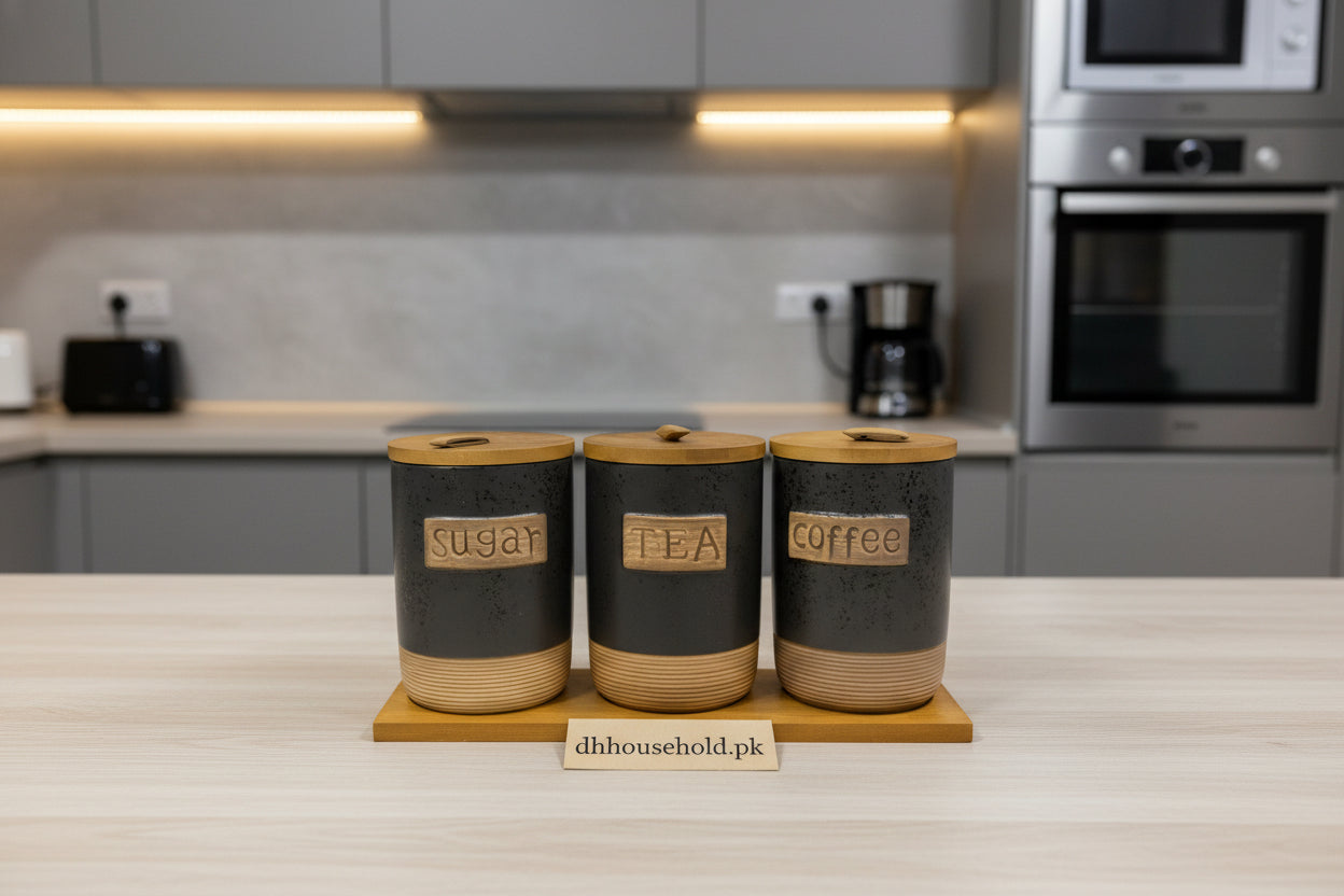 Ceramic Tea Coffee Sugar Canister Set with Wooden Lids - My Store