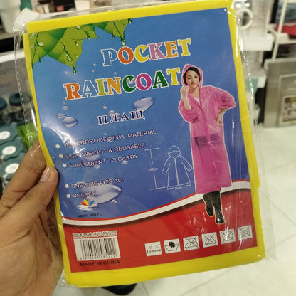 Unisex Lightweight Reusable Waterproof Pocket Raincoat with Hood & Drawstring