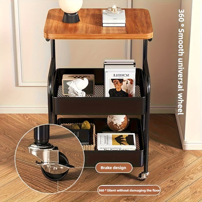 3-Tier Rolling Utility Cart with MDF Wooden Top & Mesh Storage Baskets