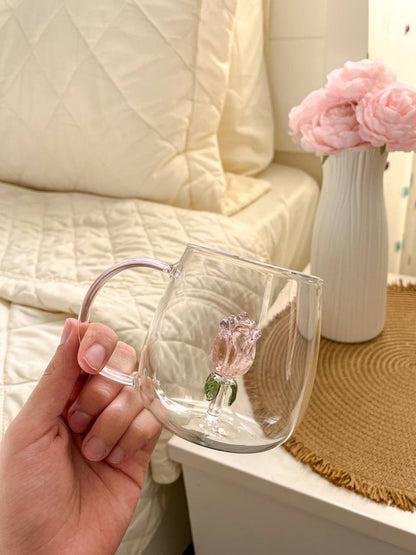 Creative 3D Floral Glass Mug with Color-Tinted Handle – 350ml