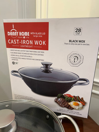 DannyHOME Premium Lightweight Cast-Iron Wok Casserole with Glass Lid