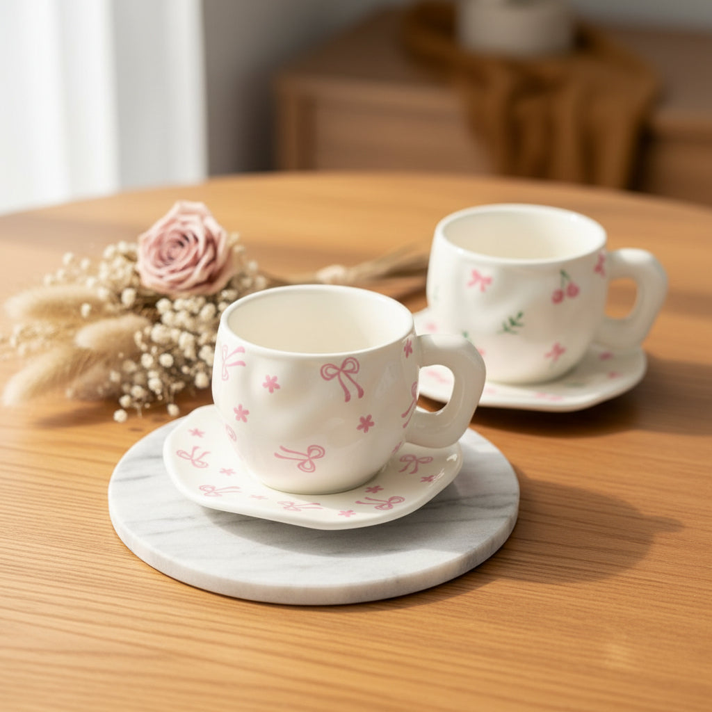 Vintage Floral & Bow Design Ceramic Tea Cup & Saucer Set