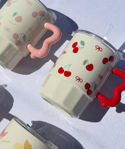 7-Inch Cherry & Ribbon Ceramic Mug with Lid & Glass Straw