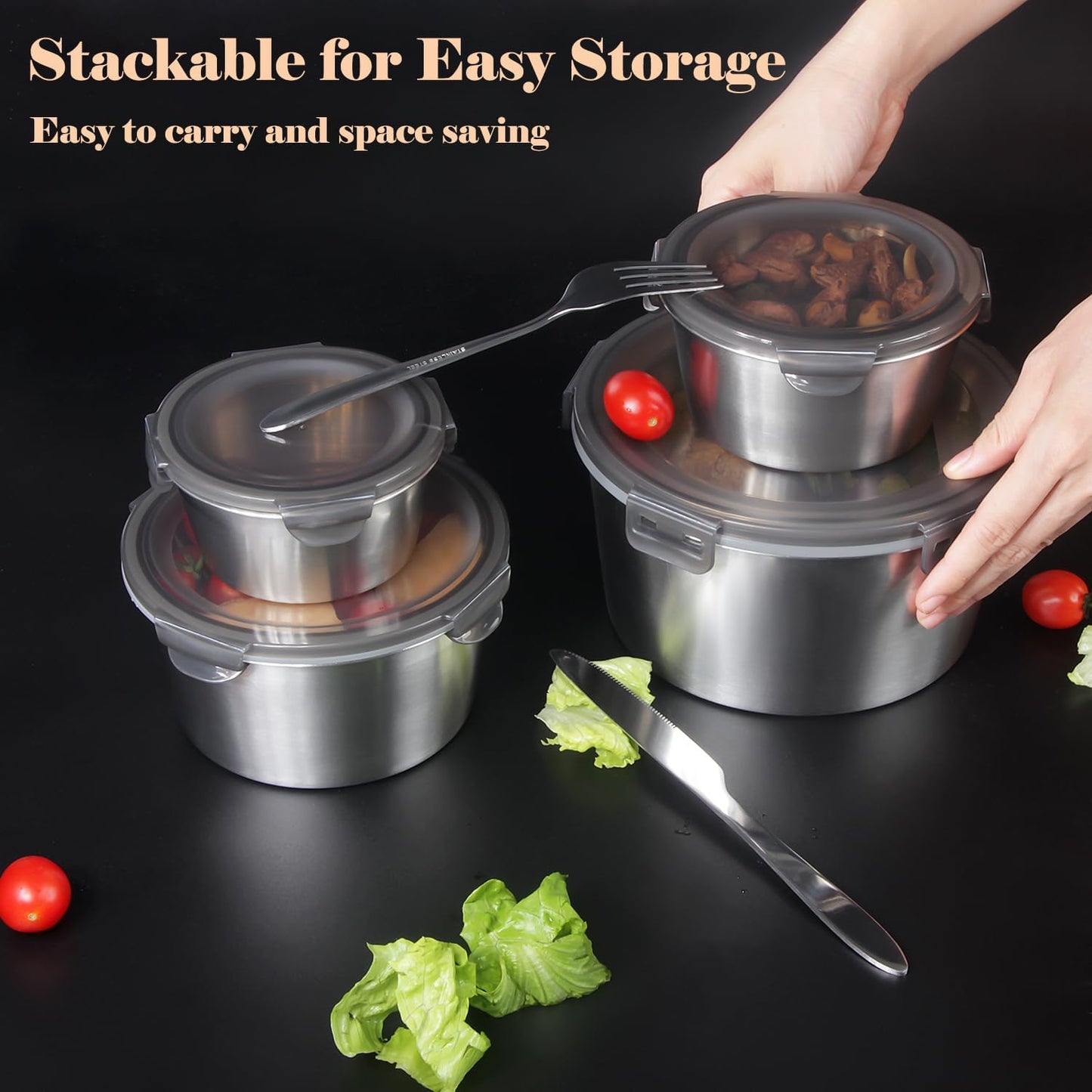 4 pcs  Airtight Stainless Steel Food Container & Storage Bowl Set with Lock Lids