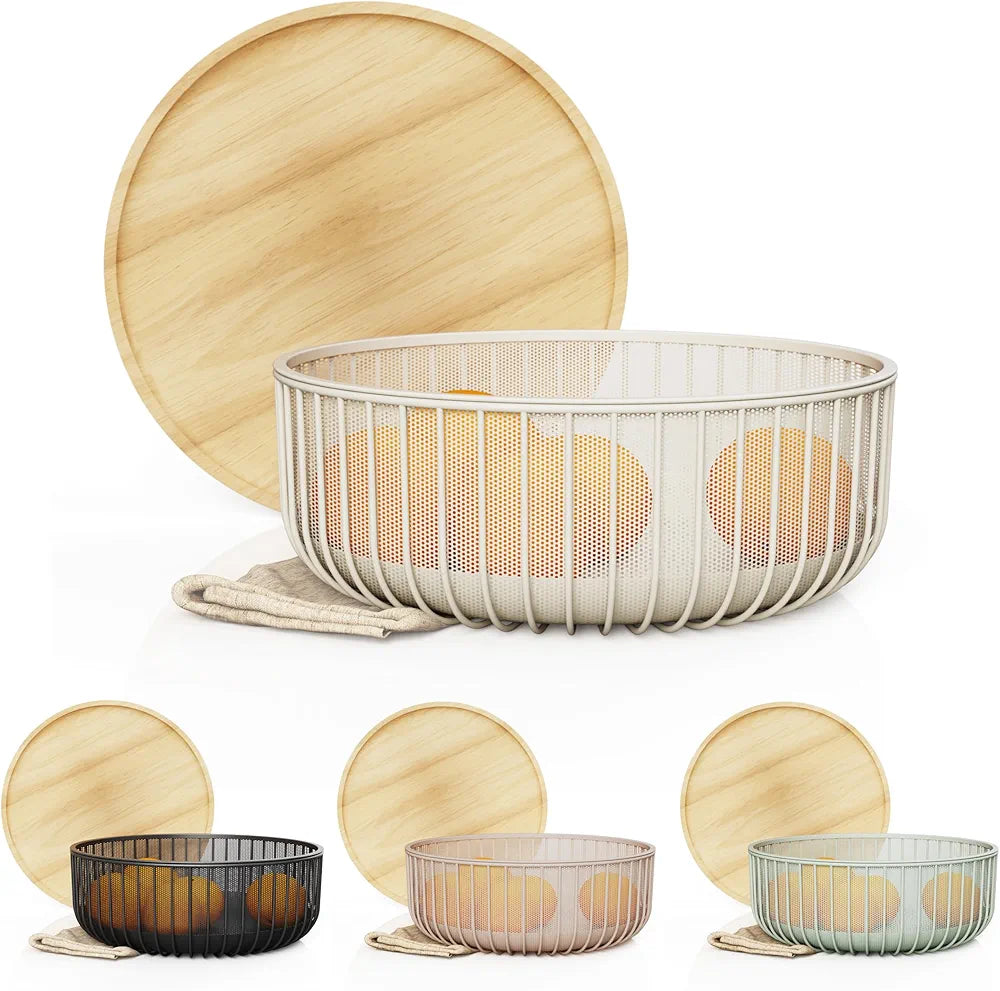Metal Wire Mesh Fruit Basket with Wooden Lid (Fly-Proof) - My Store