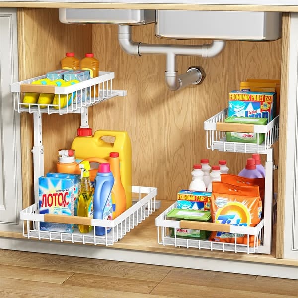 2-Tier Adjustable Under Sink Organizer Rack with Sliding Baskets