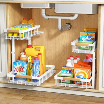 2-Tier Adjustable Under Sink Organizer Rack with Sliding Baskets