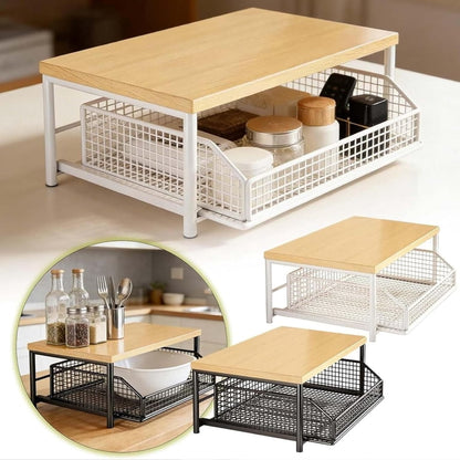 2-Tier Wooden Countertop Organizer with Sliding Mesh Basket