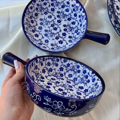 Handcrafted 6-Inch Classic Blue & White Floral Ceramic Handled Bowl