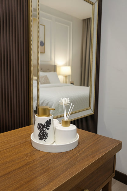 Monstera Ceramic Bathroom & Aroma Vanity Set (BP-14)