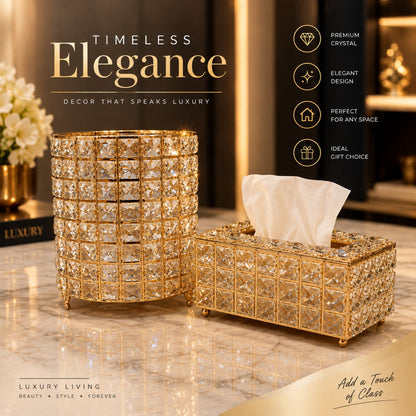 Luxury Crystal Tissue Box & Cylinder Storage Container Set – Gold Accent