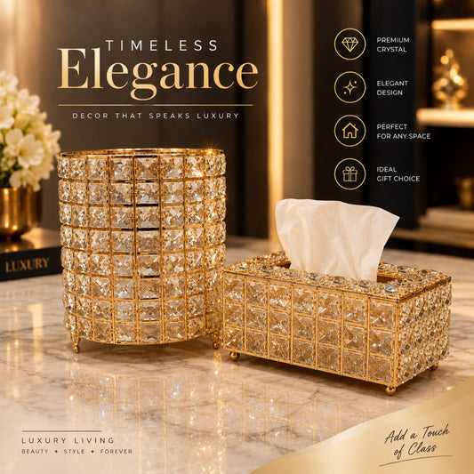 Luxury Crystal Tissue Box & Cylinder Storage Container Set – Gold Accent
