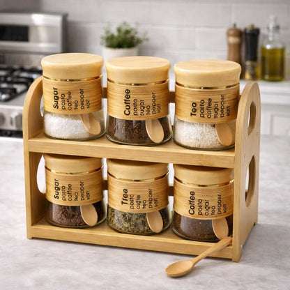 6-Piece Glass Spice & Condiment Jar Set with Wooden Rack