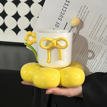 3D Flower & Bow Knot Ceramic Mug Set with Blossom Saucer & Spoon