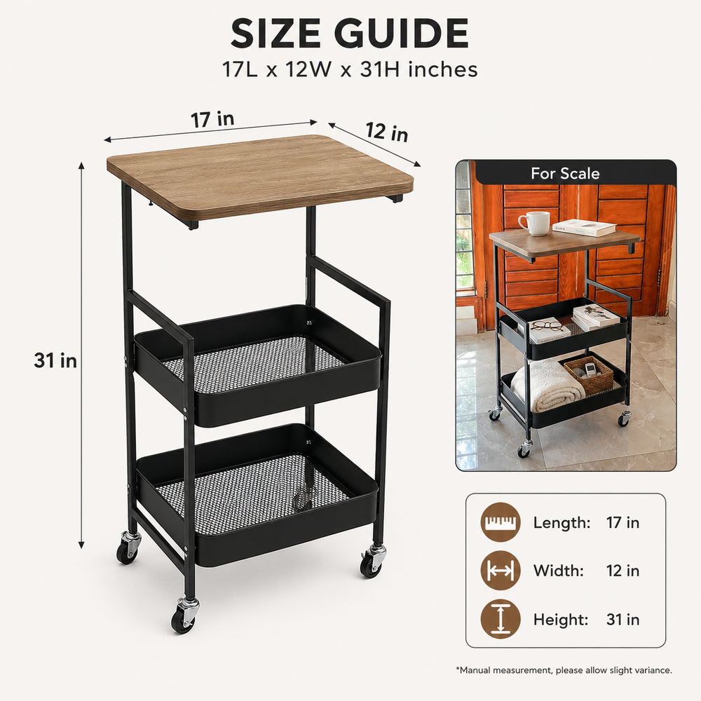 3-Tier Rolling Utility Cart with MDF Wooden Top & Mesh Storage Baskets