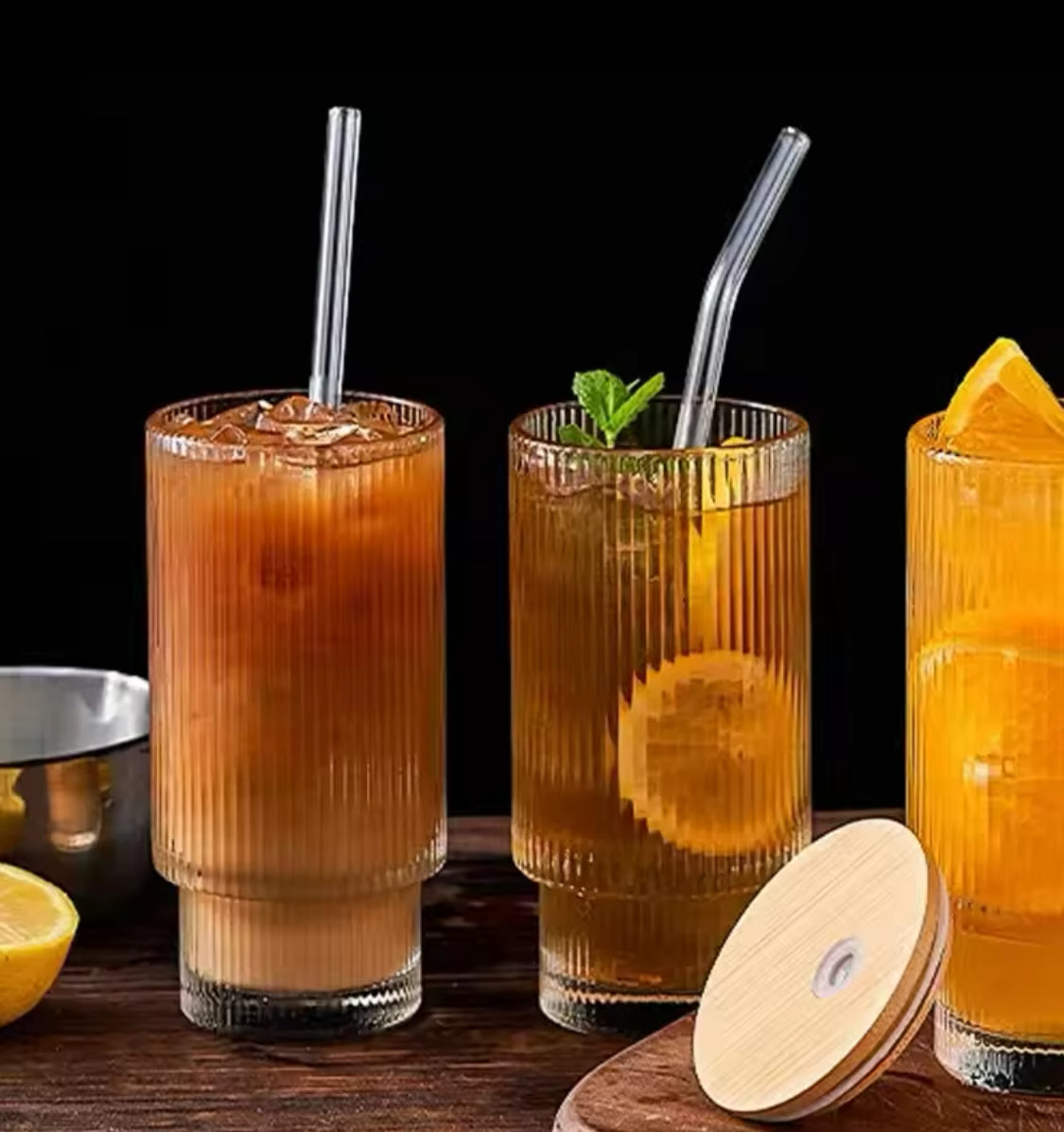 Ribbed Drinking Glasses with Bamboo Lids and Straws  400ML - My Store