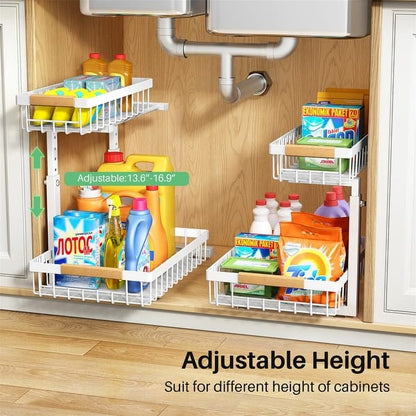 2-Tier Adjustable Under Sink Organizer Rack with Sliding Baskets