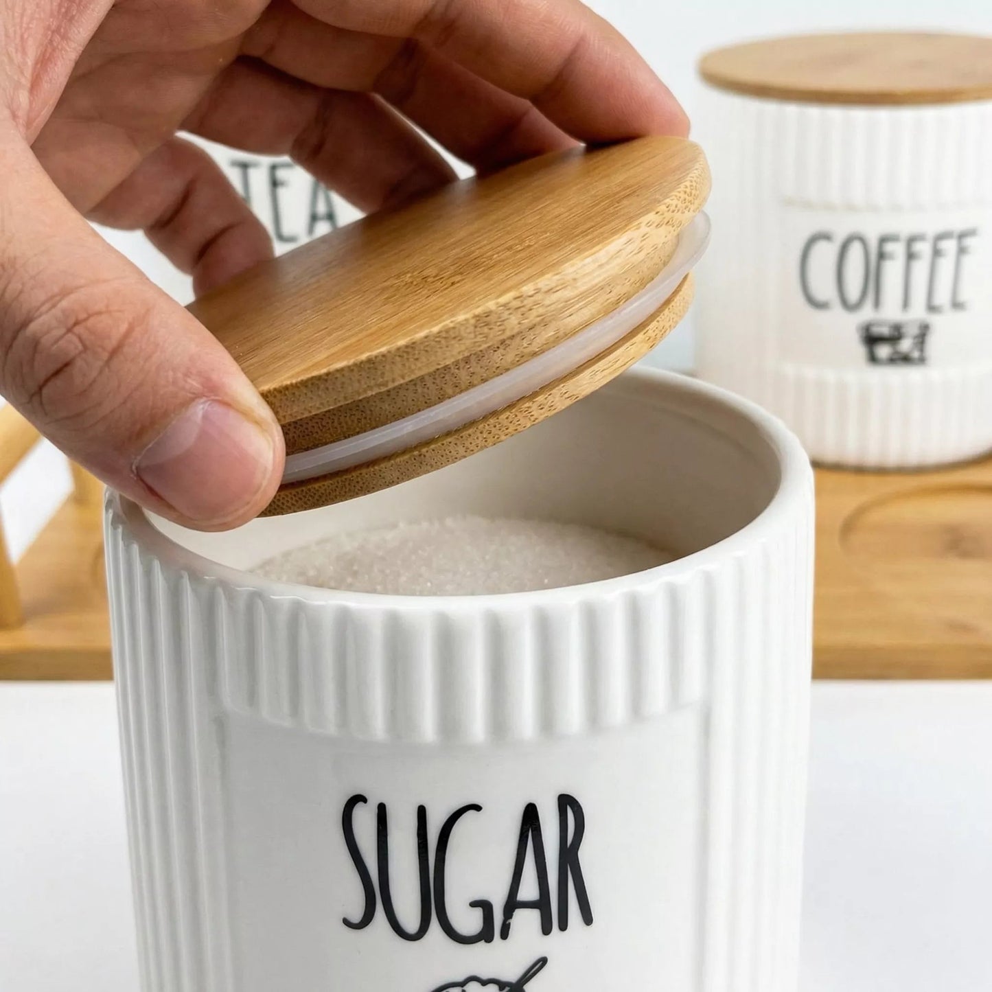 Ceramic Tea, Coffee & Sugar Canister Set with Bamboo Lids & Wooden Tray