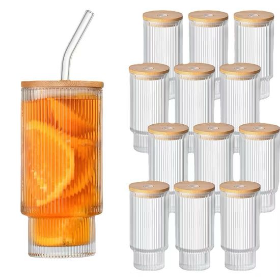 Ribbed Drinking Glasses with Bamboo Lids and Straws  400ML - My Store